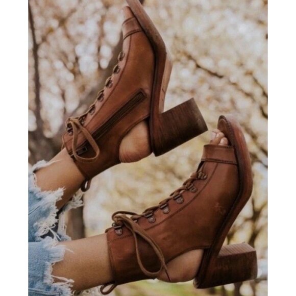 Free People City of Lights Open Toe Bootie Lace Up Tan Women’s Size 39 - Picture 1 of 16